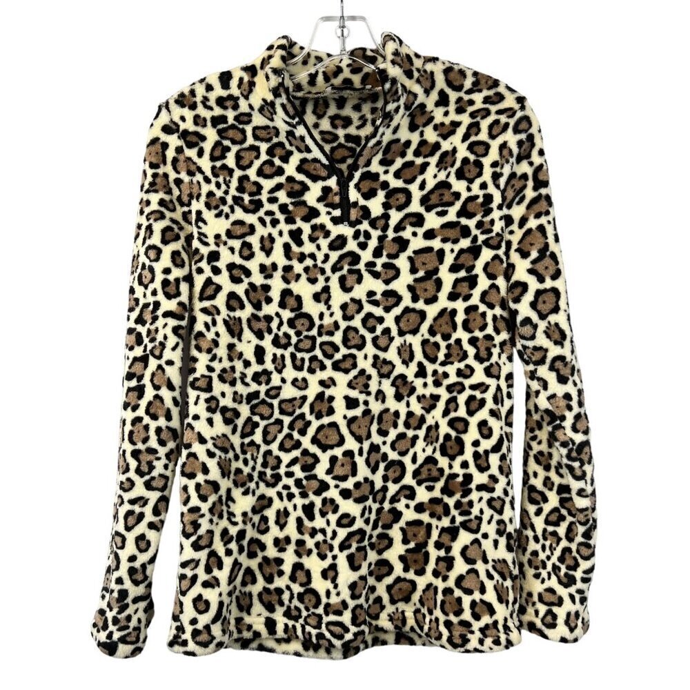 Solution Womens 1/4 Zip Pullover Fleece Top Long Sleeve Multicolor Cheetah Small